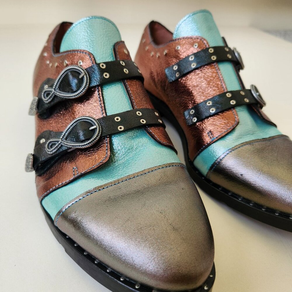 Girotti Metallic Leather Oxford Shoes Buckles Steampunk Luxury Handmade Unique 4 - Picture 11 of 16